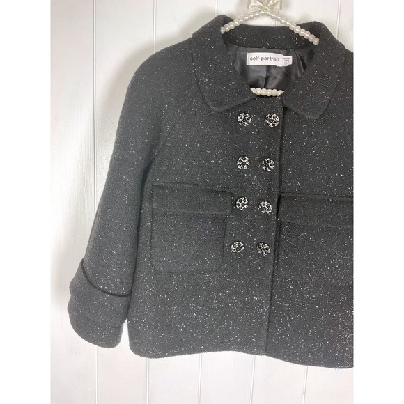 Self Portrait Black Glitter Tweed‎ Cropped Jacket Embellished Buttons - Picture 4 of 11
